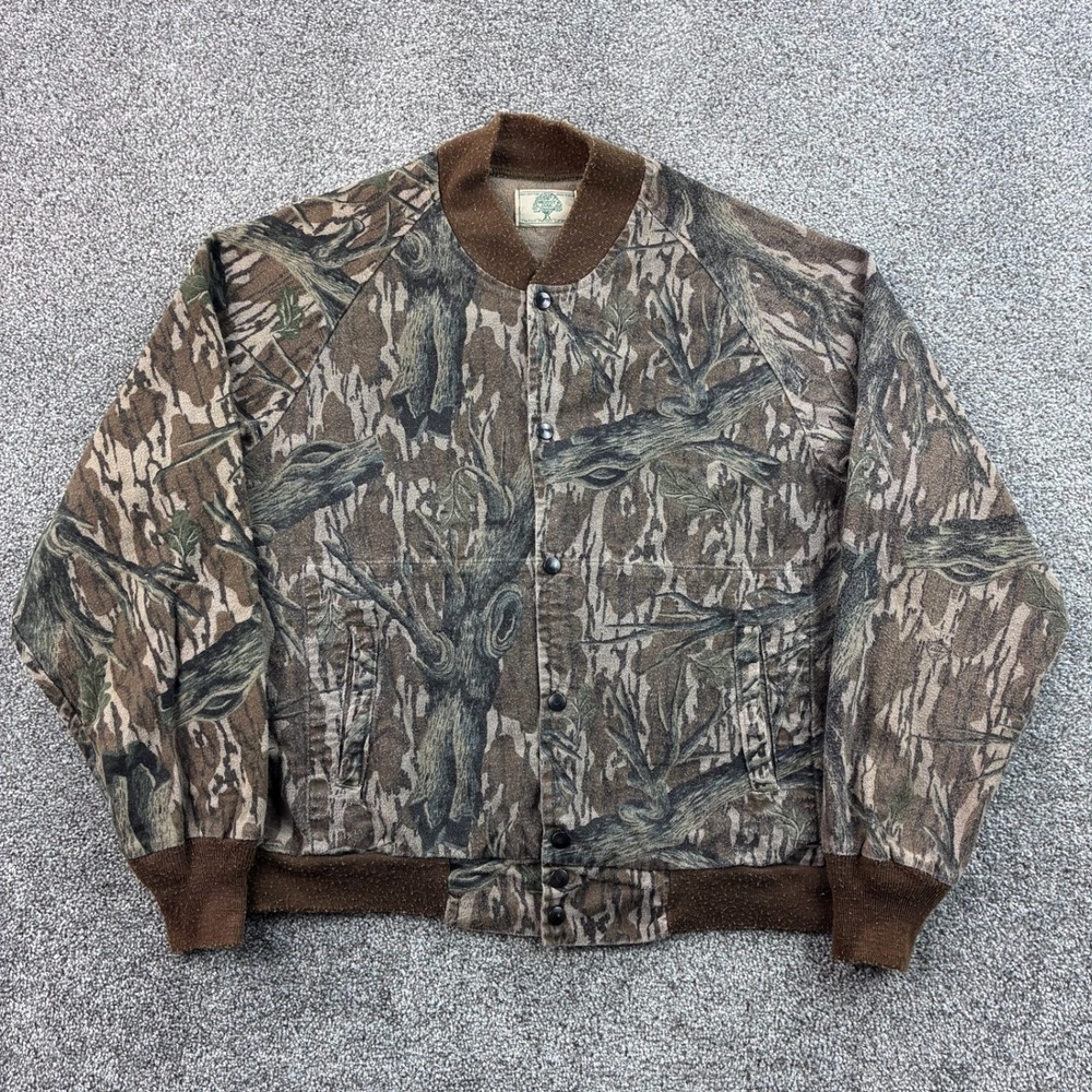 Vintage Mossy Oak Bomber Jacket Mens XL Brown Cotton Bottomland Camo USA Made